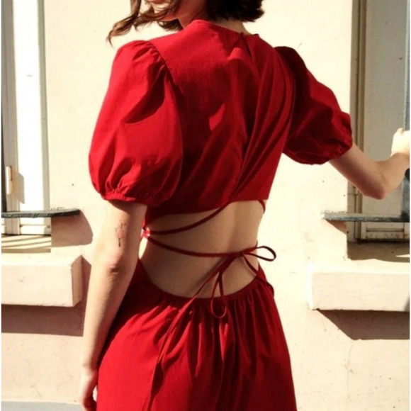 Zara Dresses & Skirts - Zara Cut Out Polin Dress Womens XS Extra Small Red Midi Puff Sleeves Cinch Waist